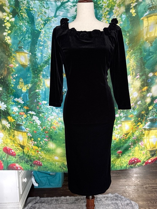 Midnight Velvet Dresses & Skirts - Midnight Velvet Black Velvet Rose-Trim Long Sleeve Sheath Dress
